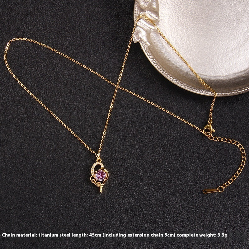 Purple Zircon Necklace Female With Hearts Pendant Ornaments