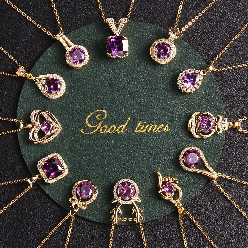 Purple Zircon Necklace Female With Hearts Pendant Ornaments