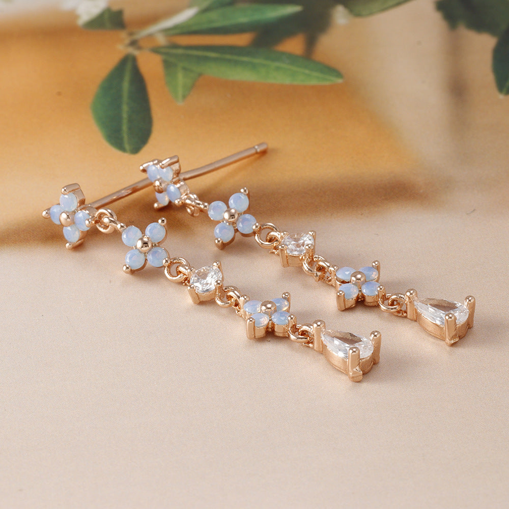 Blue Flower Ear Studs Copper Plating Inlaid Zirconium