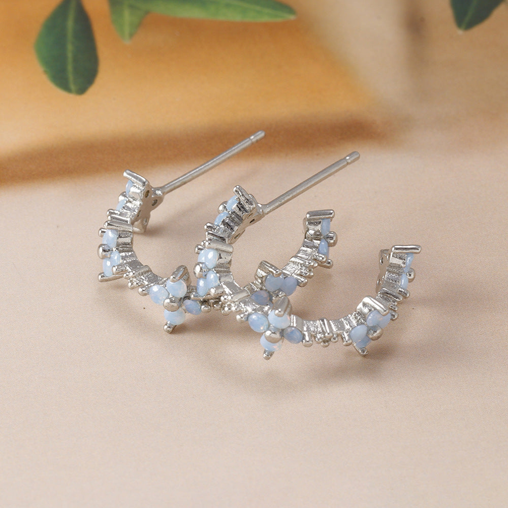 Blue Flower Ear Studs Copper Plating Inlaid Zirconium