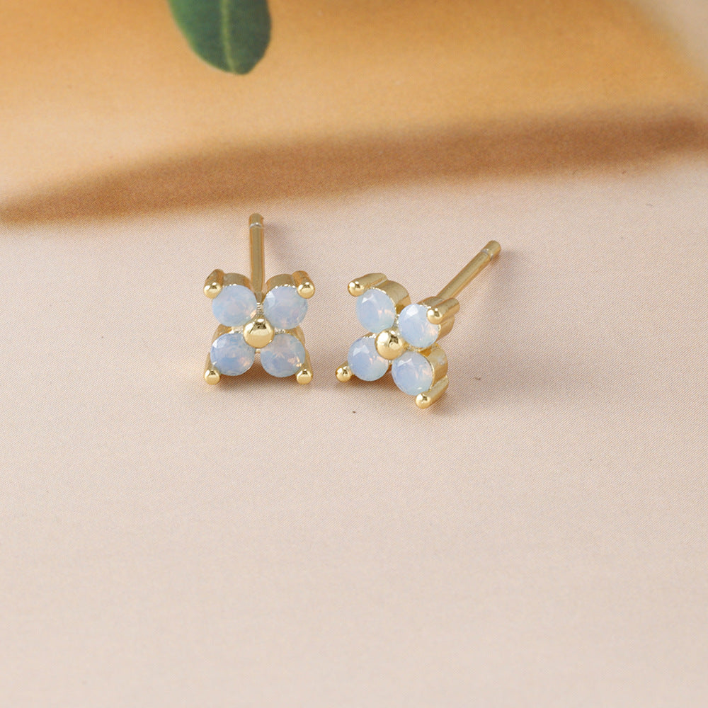 Blue Flower Ear Studs Copper Plating Inlaid Zirconium