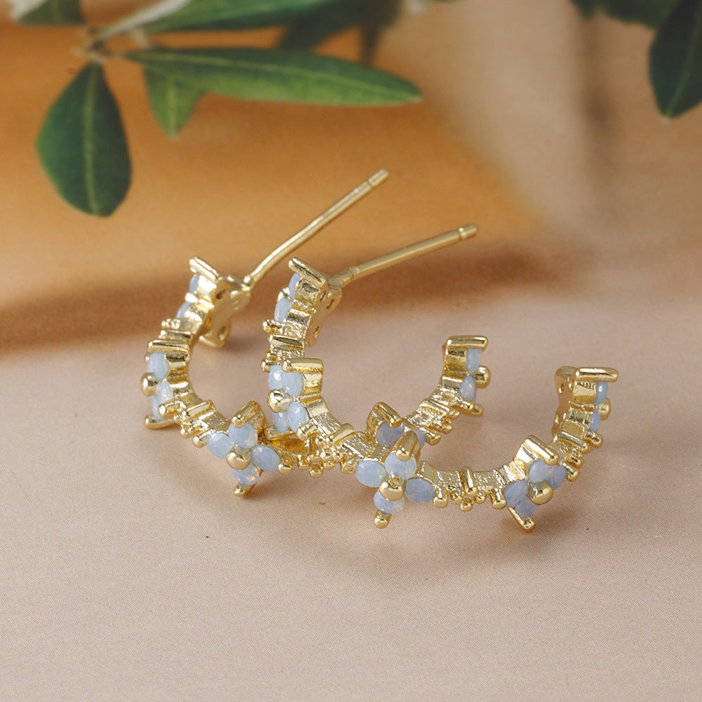 Blue Flower Ear Studs Copper Plating Inlaid Zirconium