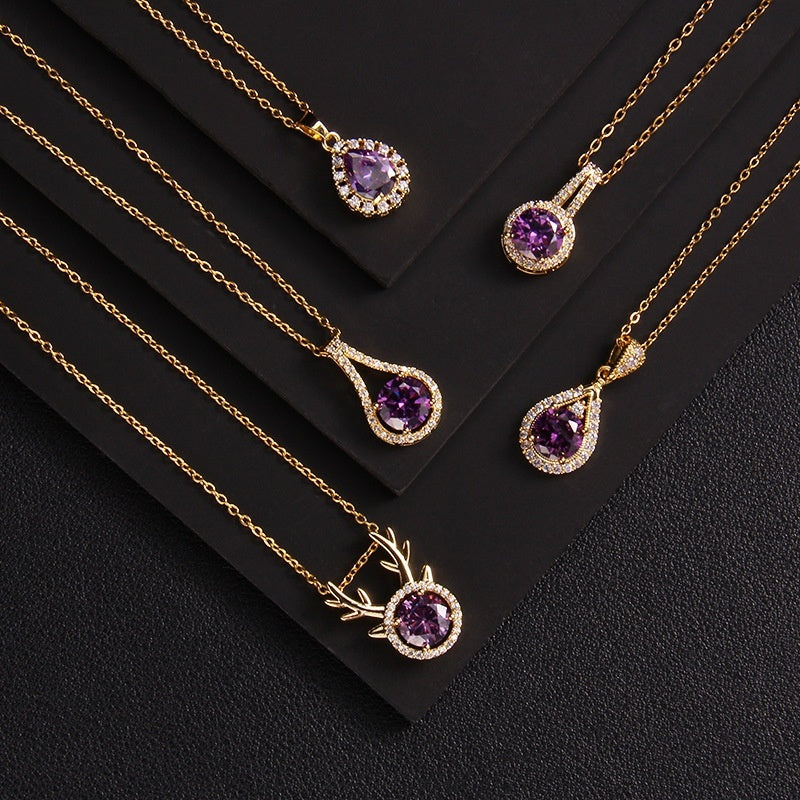 Purple Zircon Necklace Female With Hearts Pendant Ornaments