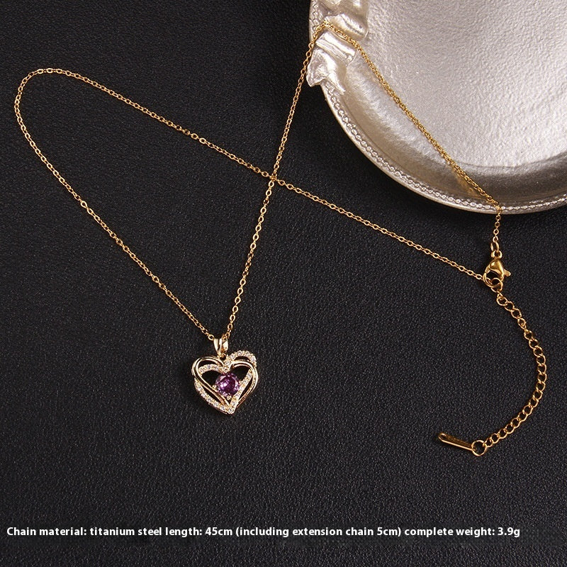 Purple Zircon Necklace Female With Hearts Pendant Ornaments